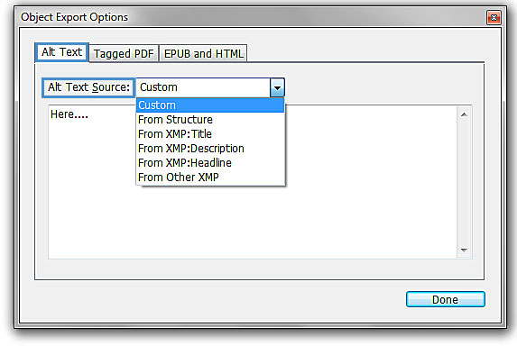 Image demonstrates the changes that should occur under "Alt Text" in the "Object Export Options" box.