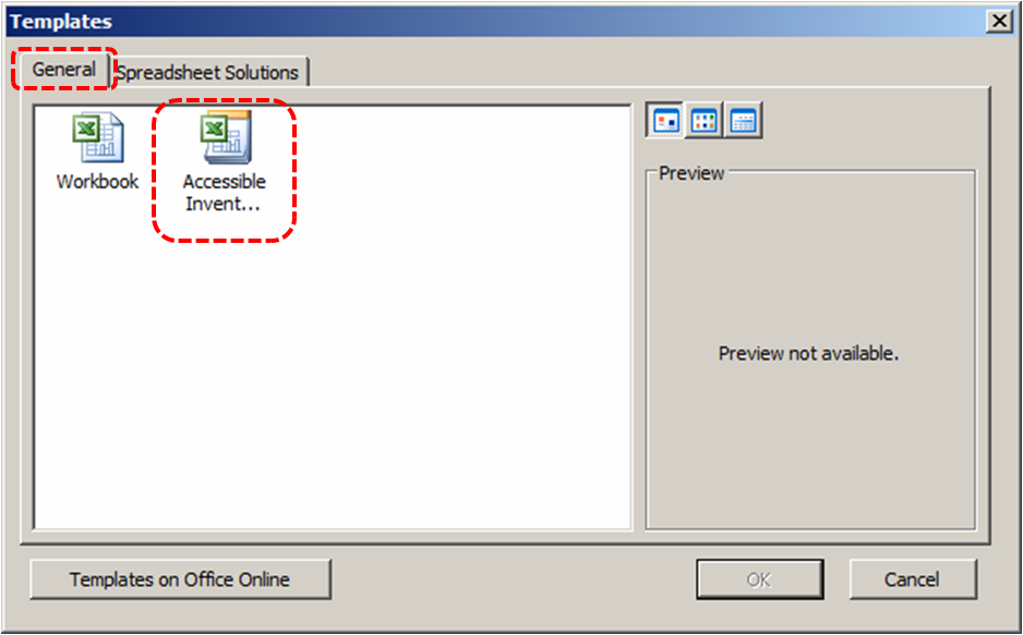 Image demonstrates location of General tab and an accessible template icon in the template gallery of the Templates dialog.