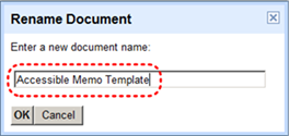 Image demonstrates location of document name text box in the Rename Document dialog.