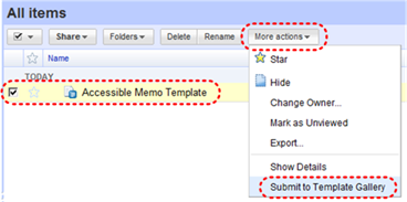 Image demonstrates location of Submit to Template Gallery option in the More actions drop-down menu.