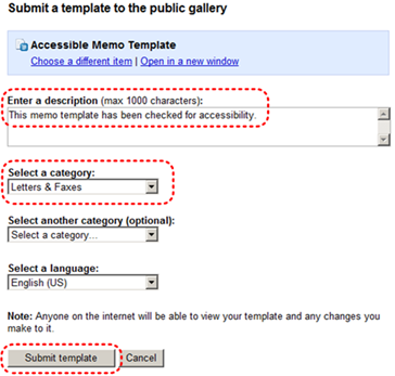 Image demonstrates location template description text box, category drop-down menu options, and Submit template button.