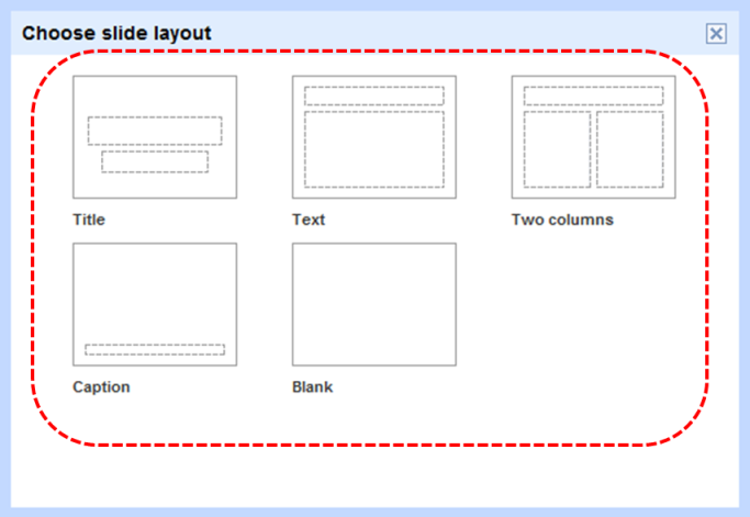 Image demonstrates layout gallery in Choose slide layout dialog.
