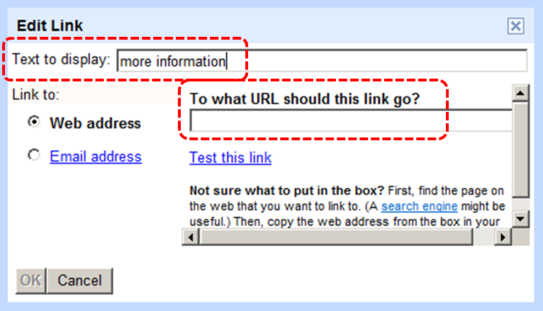 Image demonstrates location of Text to display box and To what URL should this link go? box in Edit Link dialog.