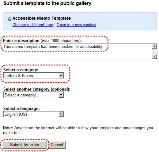Image demonstrates location of description box, select a category drop-down menu, and Submit template button.
