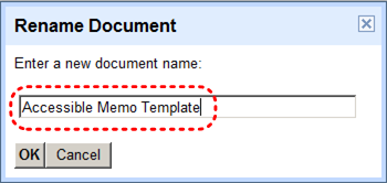 Image demonstrates location of document name box in Rename Document dialog.
