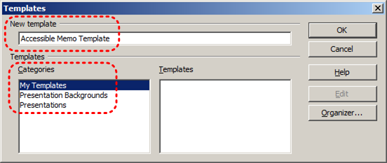 Image demonstrates location of New Template box and Categories options in Templates dialog.