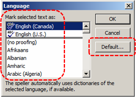 Image demonstrates location of language list and Default... button in Language dialog.