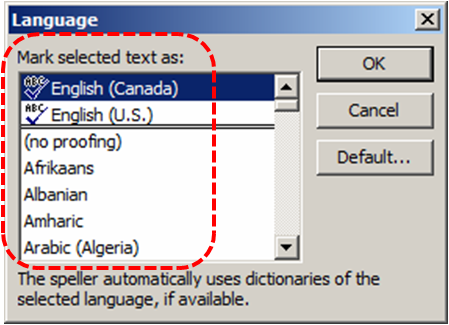 Image demonstrates location of language list in the Language dialog.
