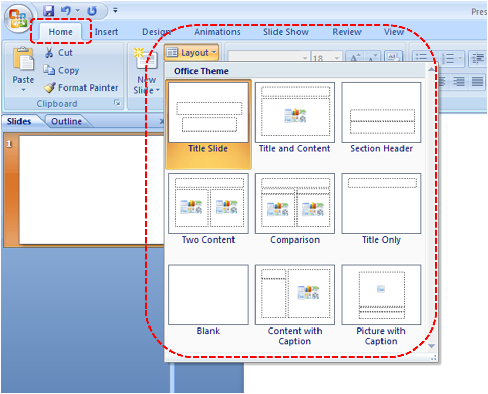 Image demonstrates location of Slides section, Layout button, and Layout gallery in the Home menu.