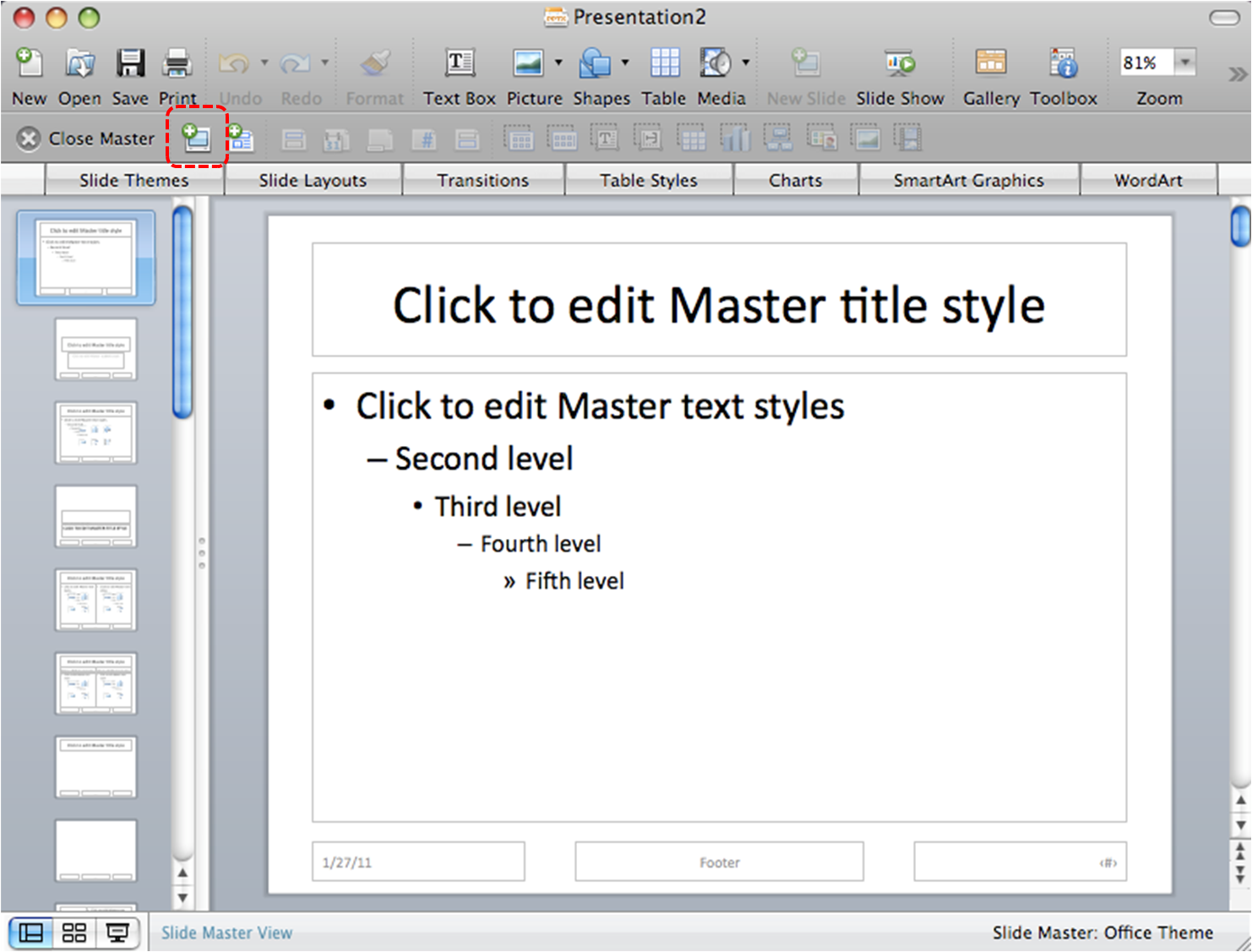 Image demonstrates location of Insert New Master option beside the Close Master option in the Master toolbar of the Master View.