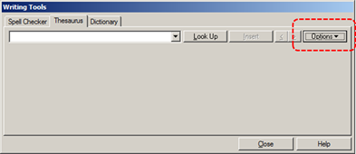 Image demonstrates location of Options button in Writing Tools dialog.