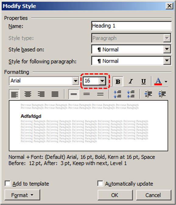Image demonstrates location of font size option in the Modify Style dialog.