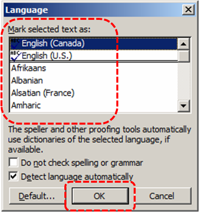 Image demonstrates location of Mark selected text as list and OK option in the Language dialog.