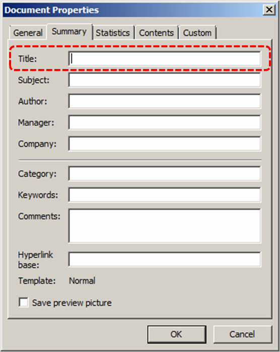 Image demonstrates location of Title box in the Document Properties dialog.