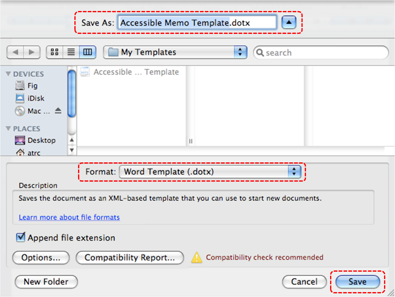 Image demonstrates location of Save As box, Format drop-down list and Save button