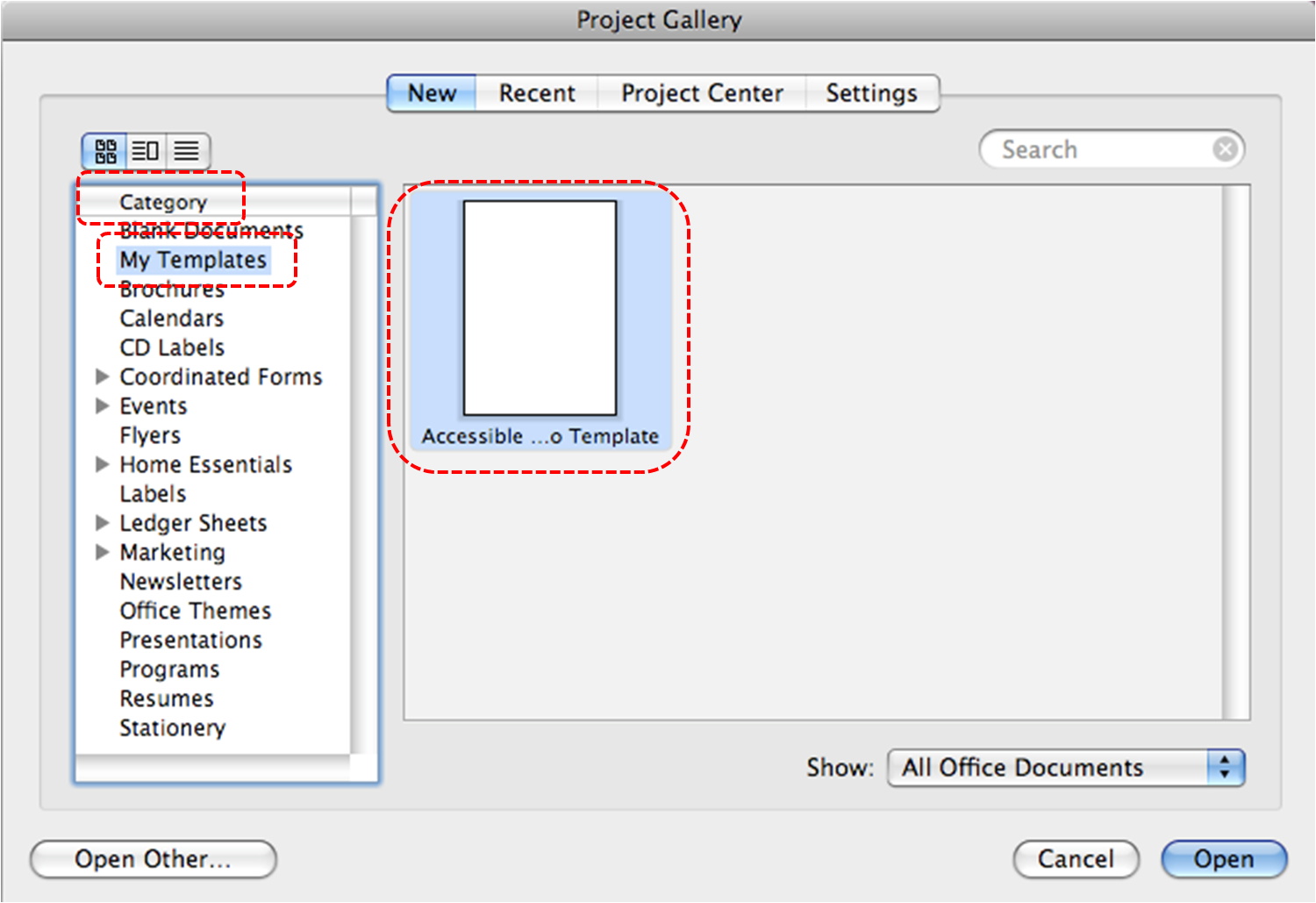 Image demonstrates location of My Templates in Category section and an accessible template in the scrolling gallery of the Project Gallery dialog.