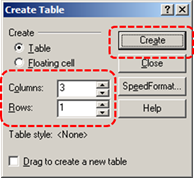 Image demonstrates location of Columns and Rows options and Create button in the Create Table dialog.
