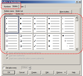 Image demonstrates location of Numbers and Bullets tabs and list gallery in the Bullets & Numbering dialog.