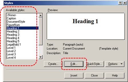 Image demonstrates location of available style options and Edit button in the Styles dialog.