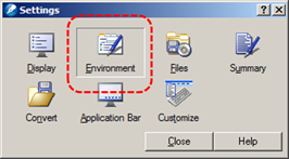 Image demonstrates location of Environment icon in the Settings dialog.