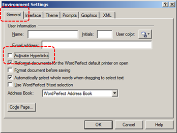 Image demonstrates location of General tab and Activate Hyperlinks check box in the Environment Settings dialog.