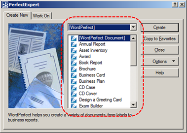 Image demonstrates location of template scrolling list in PerfectExpert dialog.