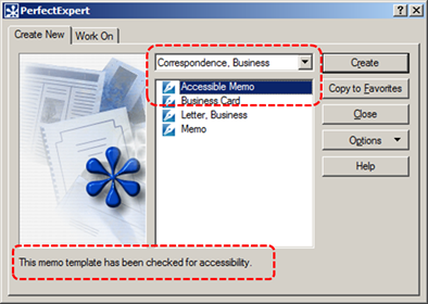 Image demonstrates location of template scrolling list and template description in the PerfectExpert dialog.