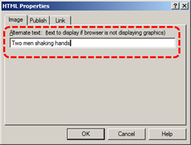Image demonstrates location of Alternate Text box in the HTML Properties dialog.