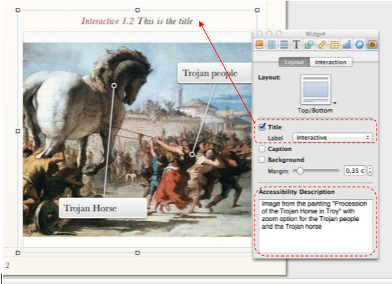 Screen Shot of an image in iBooks Author with the inspector tab for adding the accessibility description, the title and the label
