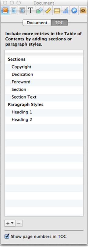 Screen Shot of the tab for creating the content of the table of contents