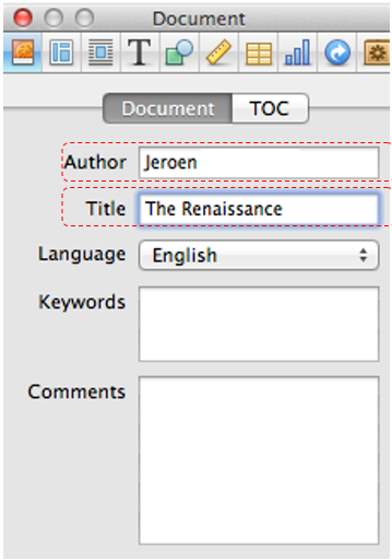 Screen Shot of the tab for adding title and author to an iBook