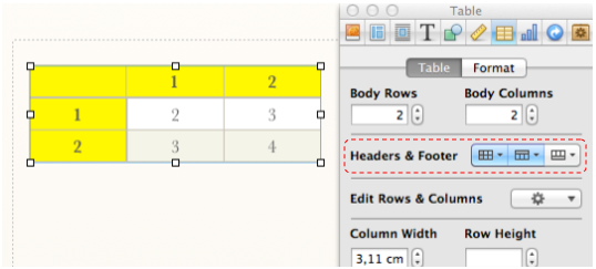 Screen Shot of a Table and the tab in Inspector for selecting headers and footers