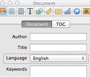 Screenshot of the Document tab with language set to English