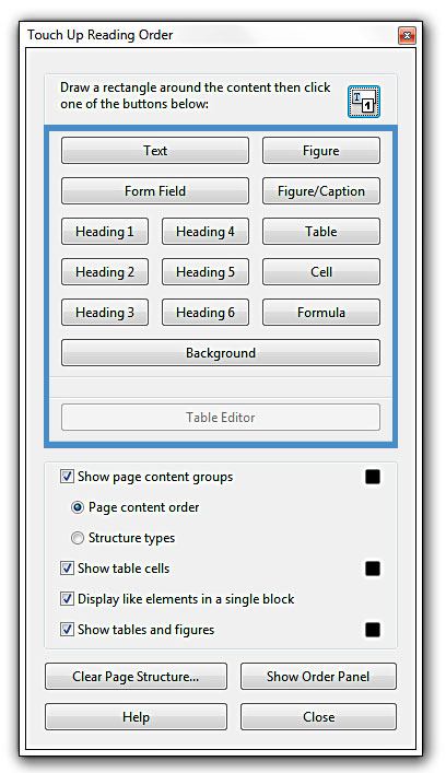 Image of touch up reading order dialog box