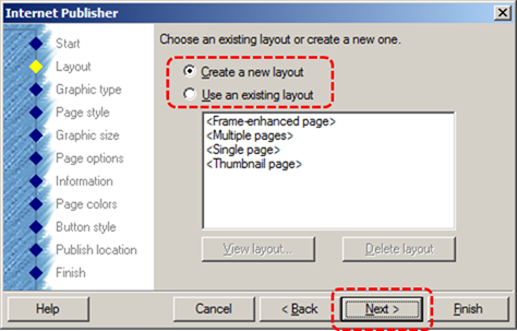 Image demonstrates location of Create a new layout or Use an existing layout options and Next button in Internet Publisher wizard.